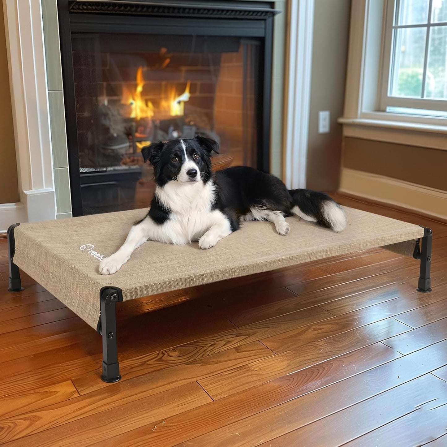 Veehoo Cooling Outdoor Dog Bed, Heavy Duty Elevated Pet Bed with Washable & Breathable Teslin Mesh, Non-Slip Silicon Feet, Dog Cot Bed with Support Hem, 41" x 27", Beige Coffee, CWC2433