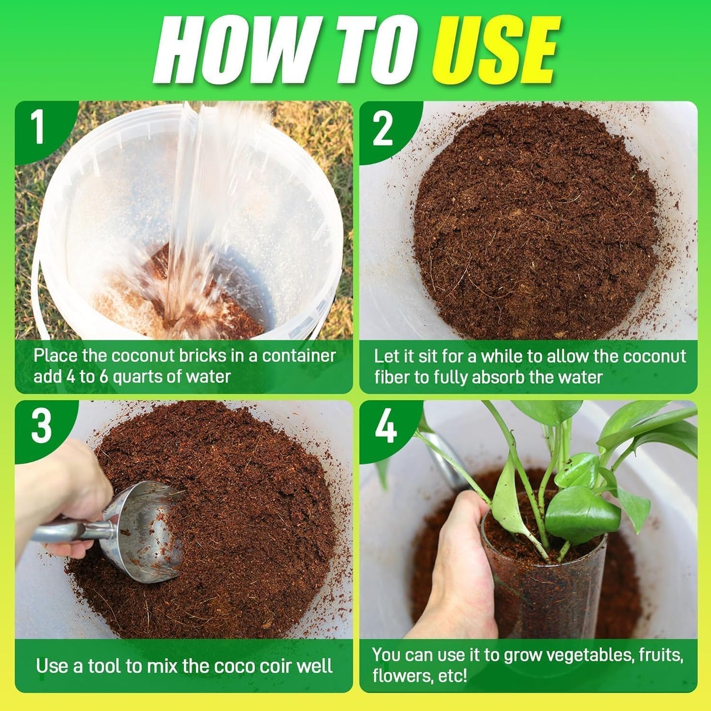 Coco Coir Brick for Plants-4 Pack Premium Coconut Bricks, 100% Organic Peat Moss, Fiber Coconut Husk for Planting, Gardening, Potting Soil Substrate