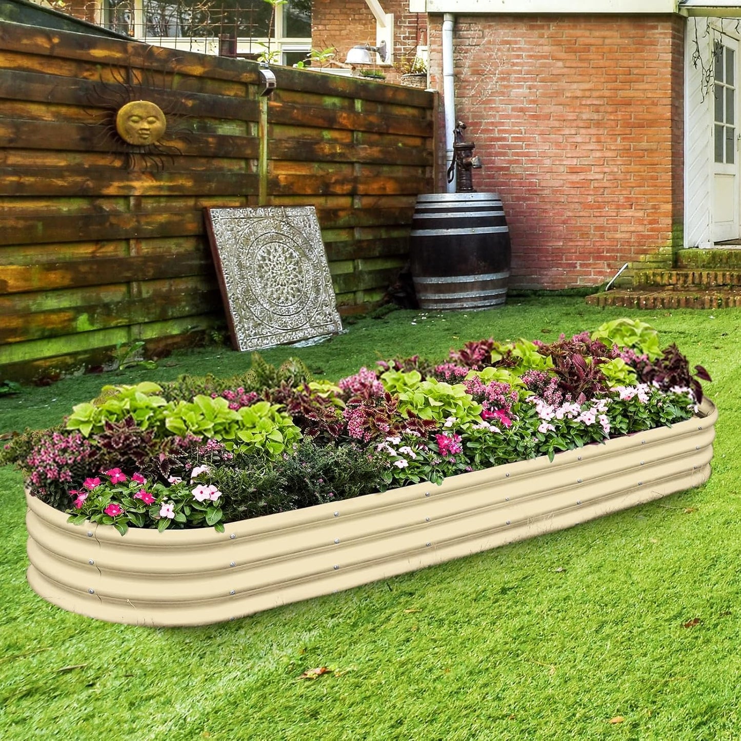 Land Guard 8×2×1ft Galvanized Raised Garden Bed Kit, 108 Gallon Capacity Raised Garden Boxes Outdoor, Oval Metal Raised Garden Beds for Vegetables, Cream Yellow(with 10 Connecting rods)