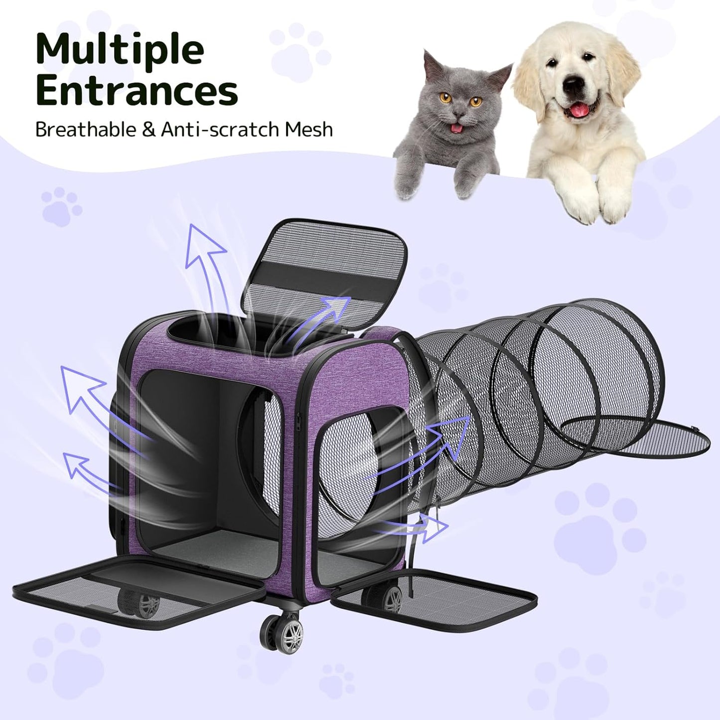 Rolling Cat Carrier with Wheels Dog Carrier for Small Dogs & Medium Cats, Expandable Pet Carrier on Wheels with Cat Play Tunnel, Large Capacity, Breathable Mesh, Side Pocket, Purple