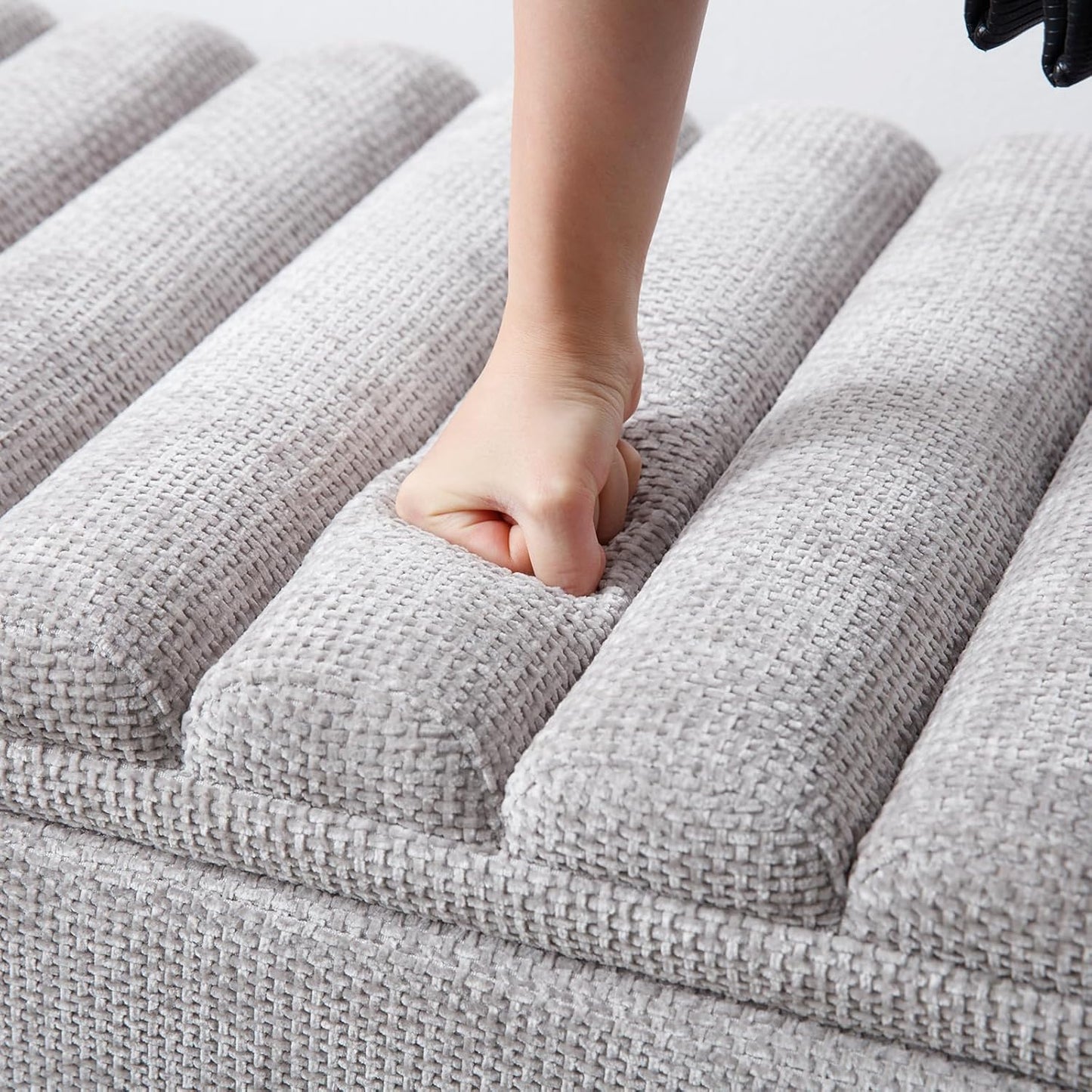 Kmax 45" Storage Bench Velvet Entryway Bench Upholstered Ottoman Bench with Wavy Top & Safty Hinge for Bedroom Living Room Hallway, Grey