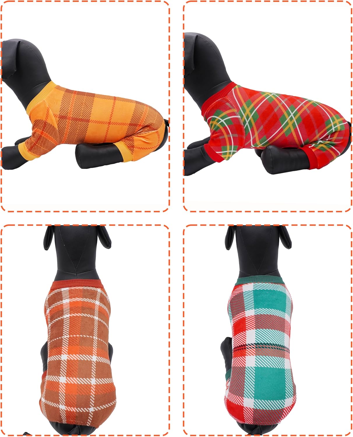 PET SHOW 4 Pack Small Dog Pajamas Holiday Dog Clothes for Medium Dogs Girl Boy Soft Stretchy PJs Plaid Jumpsuit Puppy Cats Fall Onesies Christmas Outfits with Sleeve Pets Dachshund Costume(L, Plaid)