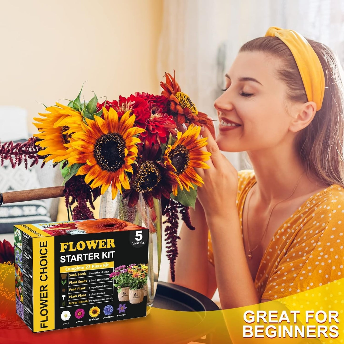 Indoor Daisy Garden Starter Kit with Gardening Tools - Jute Bags, Markers, Soil Disks and Shears, Home Gardening Gifts for Women Men Plant Lovers