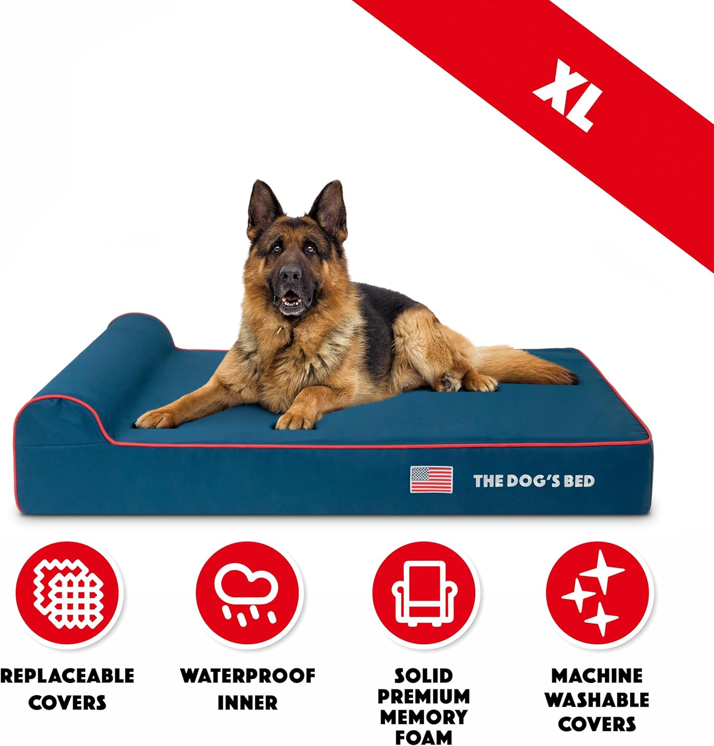 The Dog’s Bed Orthopedic Headrest Dog Bed XL Blue Oxford with Red Trim US Flag 46x28, Memory Foam, Hip & Elbow Dysplasia, Post Surgery, Lameness, Veterinary Approved, Waterproof Washable Cover
