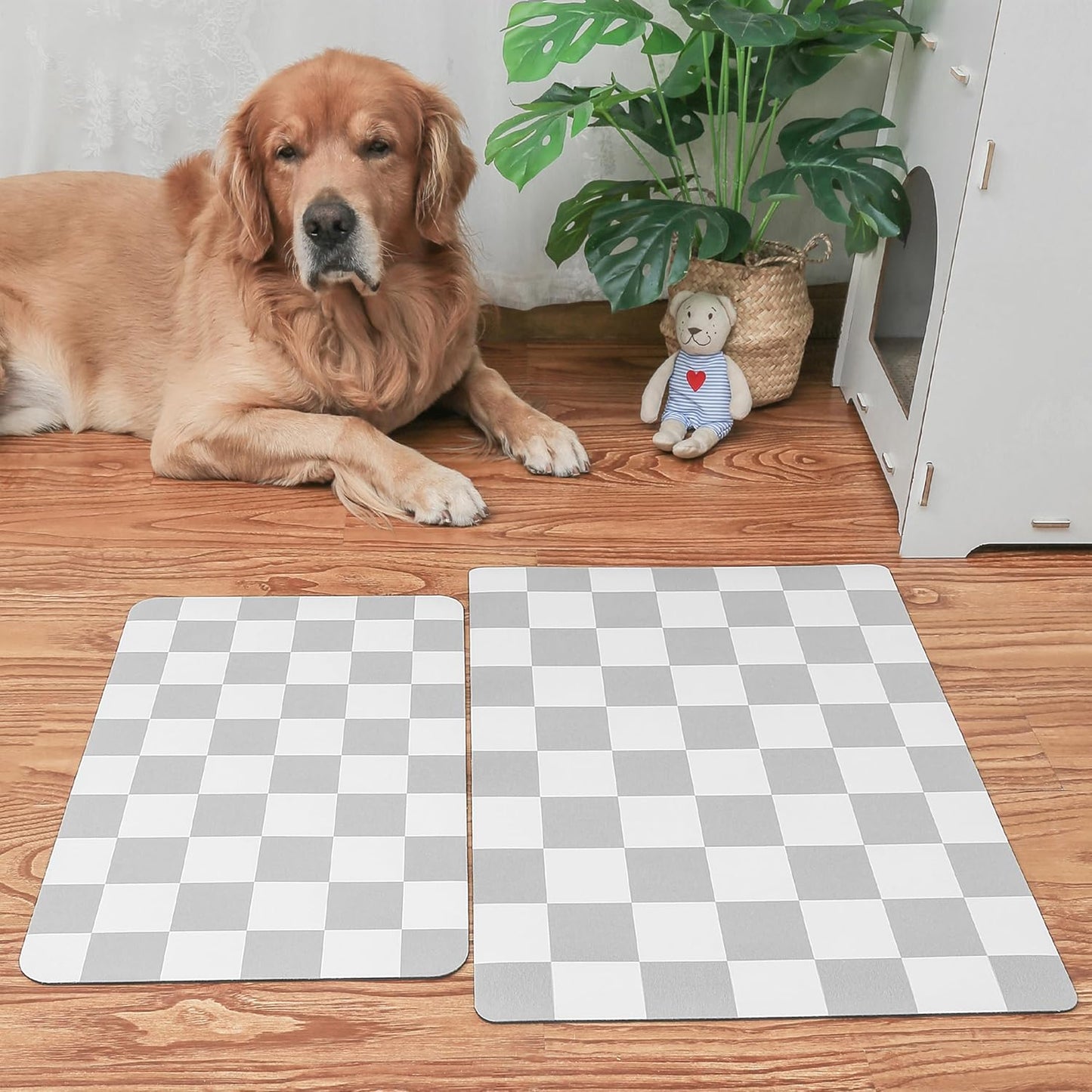 Ralxion Checkered Dog Feeding Mat, Absorbent Mats for Dog Food and Water Bowl, Dispenser, Retro Modern Aesthetic Preppy Grey Checkerboard Pet Placemat for Dogs, Cats, Puppy Accessories, 12" X19”