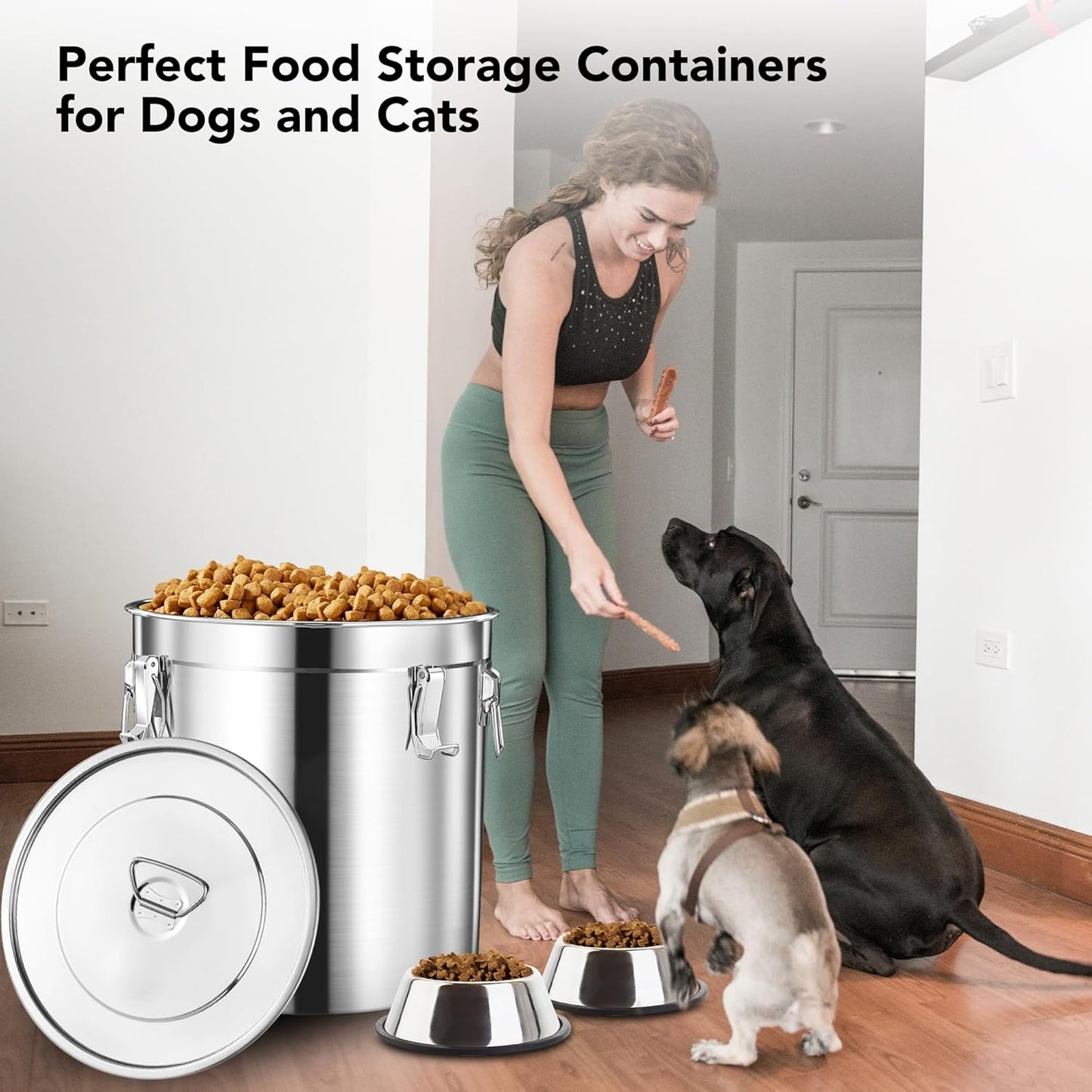 Dog Food Storage Containers, Large Stainless Steel Pet Food Storage Containers 38 lb / 17 kg to Keep Fresh, Metal Airtight Cat Food Containers With Scoop and 2 Small Containers