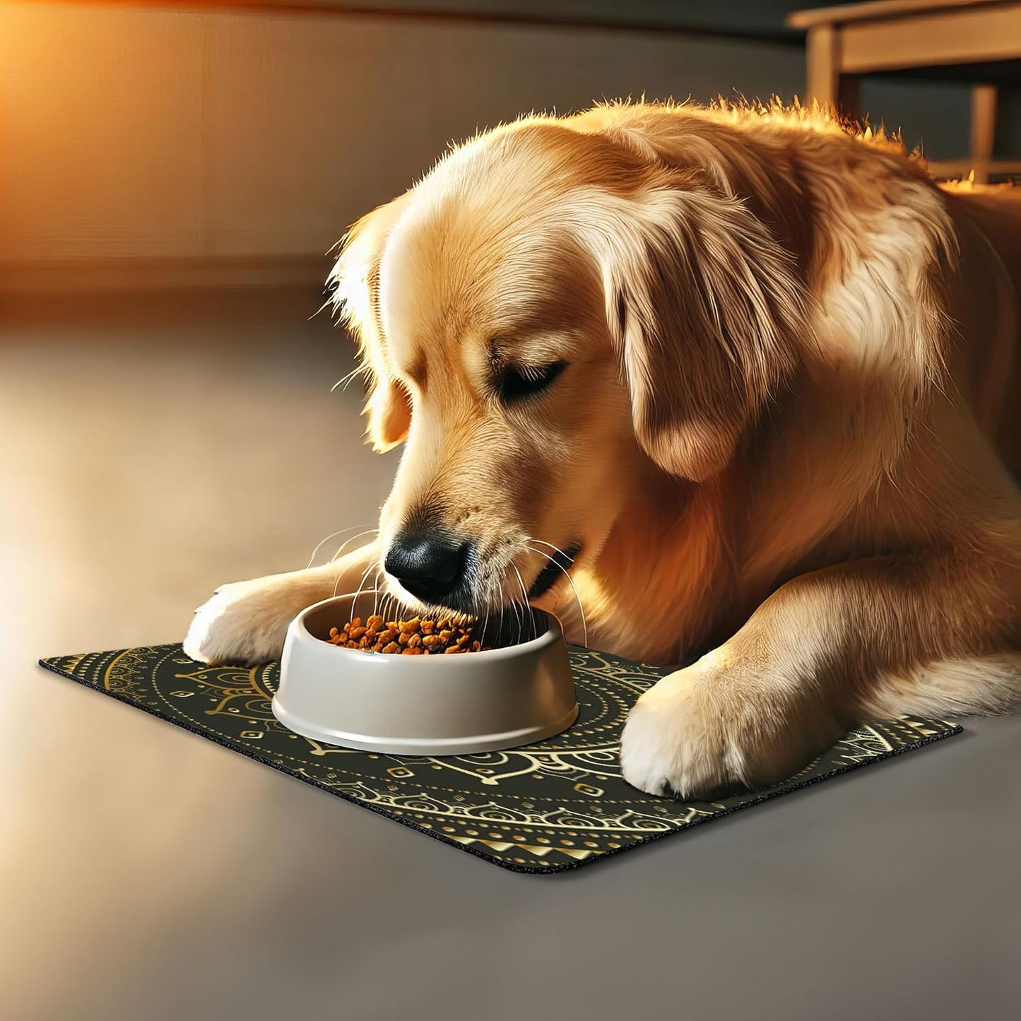 Lunarable Mandala Pet Mat for Food and Water, Tribal Harmonyic Art Illustration Print, Non-Slip Rubber Mat for Dogs and Cats, 18" X 12", Yellow Beige