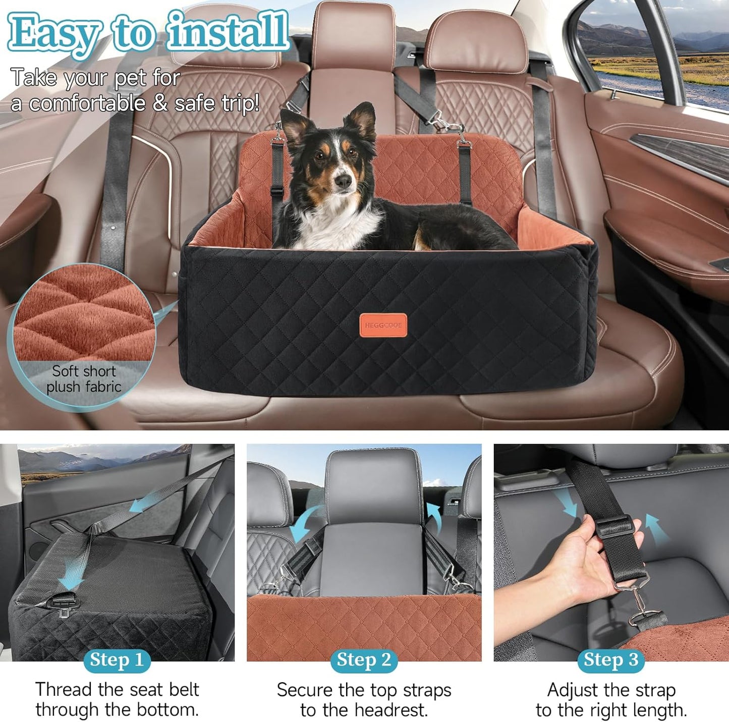 Dog Car Seat for Medium/Large Dogs, Pet Booster Seat for Under 55 lbs or 2 Small Dogs, Detachable & Washable Dog Car Bed for Backseat with 2 Safety Leashes(Black/Brown)