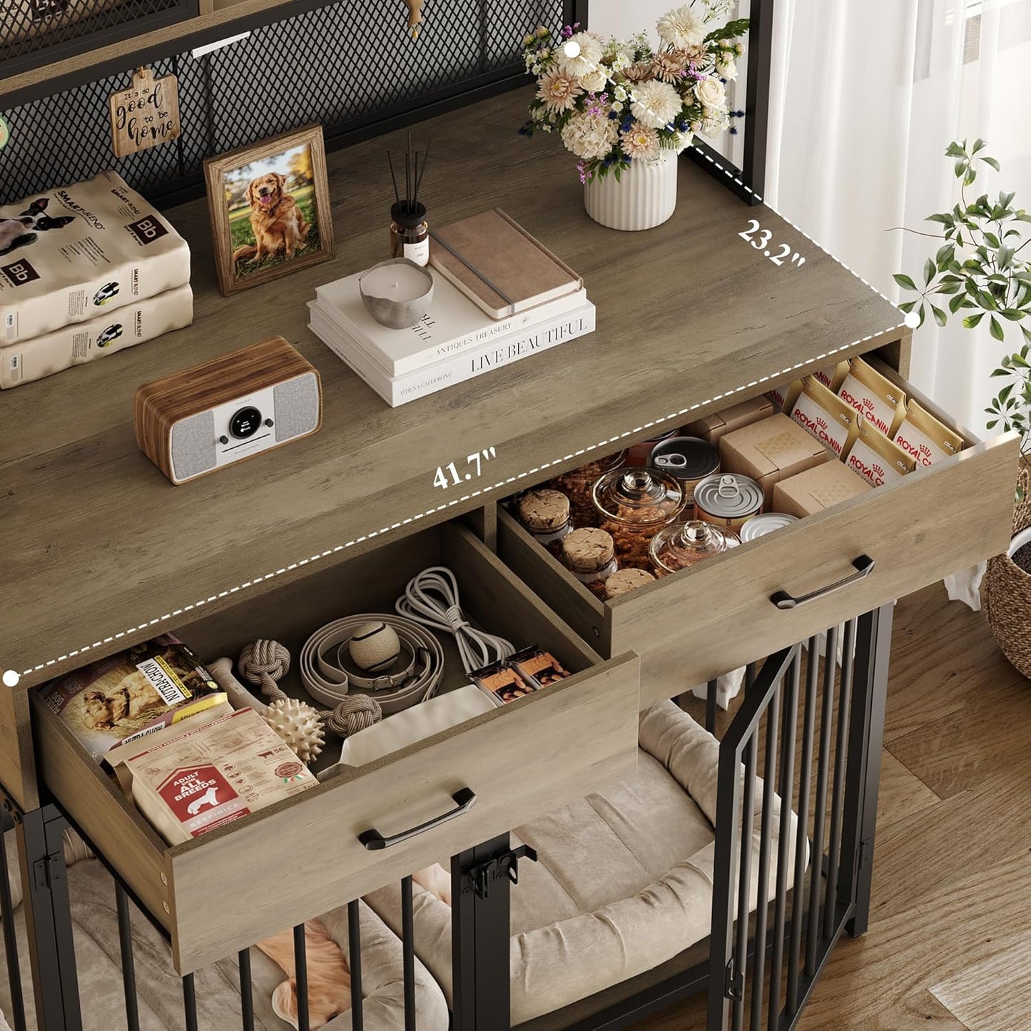 HITHOS 71" Tall Dog Crate Furniture, Indoor Dog Kennel with Hutch, 42" W Dog Cage for Large/Medium Dogs, Wood Dog Crates with 2 Storage Drawers, Heavy Duty Pet House, Rustic Brown