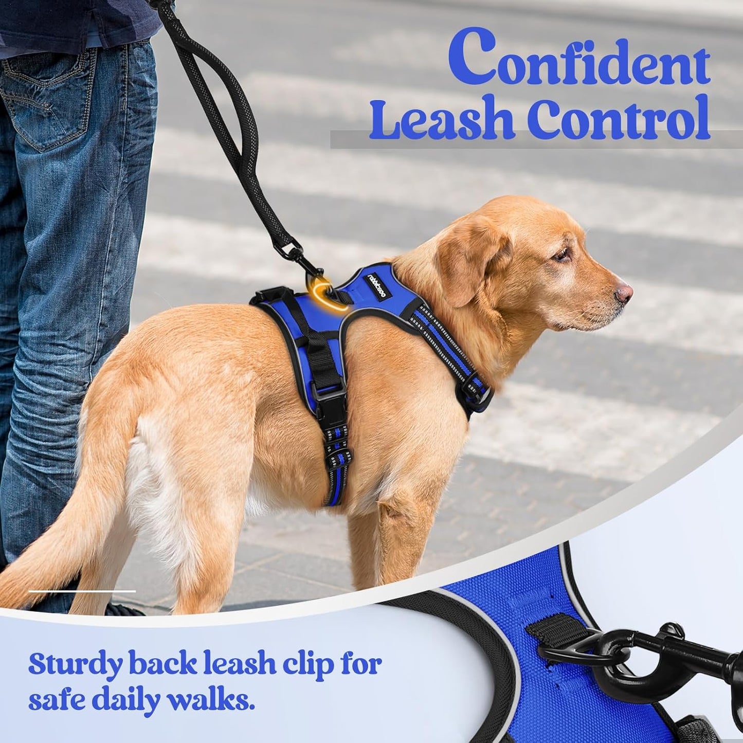 rabbitgoo Dog Harness No Pull with 2 Leash Clips, Adjustable Soft Padded, Reflective Oxford No Choke Pet Vest with Easy Control Handle for Large Dogs, Dazzling Blue, L
