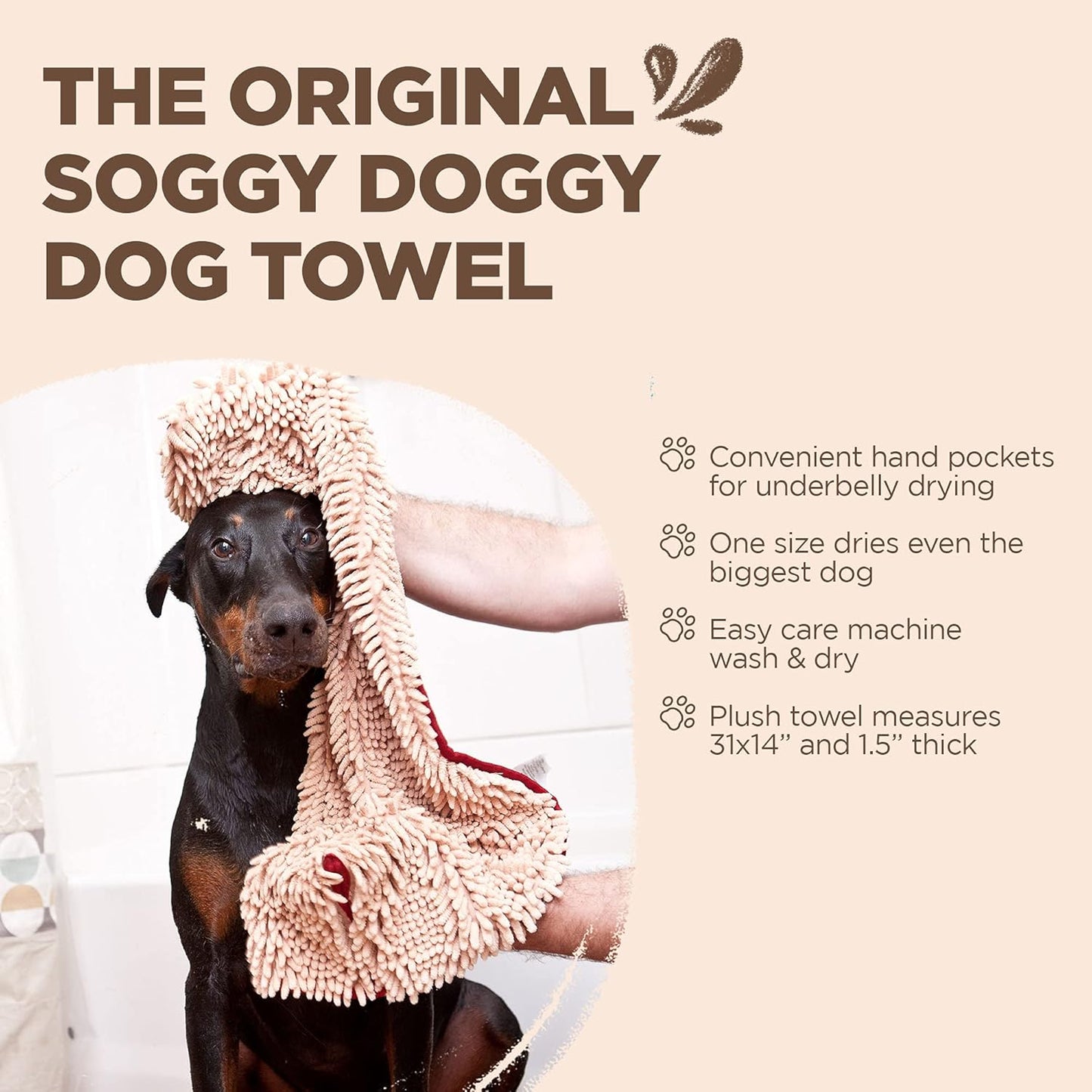 Soggy Doggy Super Shammy Dog Towel - Microfiber Chenille Towel for Drying Dogs and Cleaning Paws - Fast Drying with Hand Pockets for Ease (Beige/Red Trim, 31” x 14”)