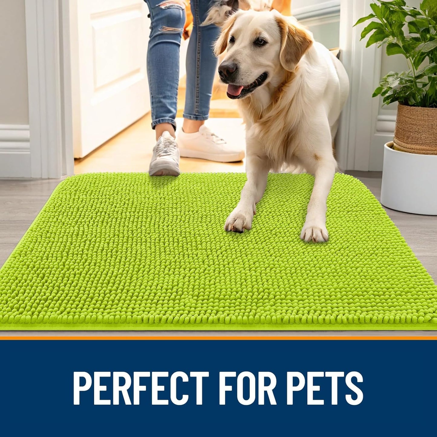 OLANLY Dog Door Mat for Muddy Paws 24x16, Absorbs Moisture and Dirt, Absorbent Non-Slip Washable Doormat, Quick Dry Chenille Mud Mat, Entry Indoor Entryway Carpet for Inside Floor, Bright Green
