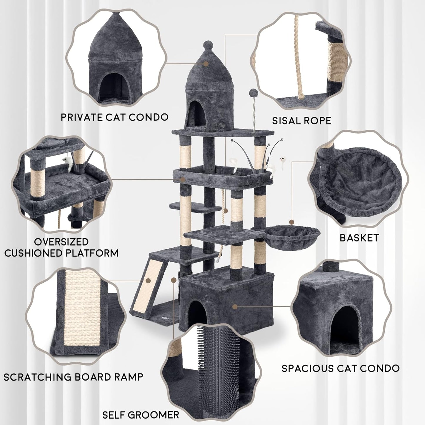 Large Cat Tree Tower for Large Cats, Cat Scratching Post, Self Grooming Post, Interactive Cat Toys, Oversized Perch and Basket, Heavy Duty 72", Dark Grey