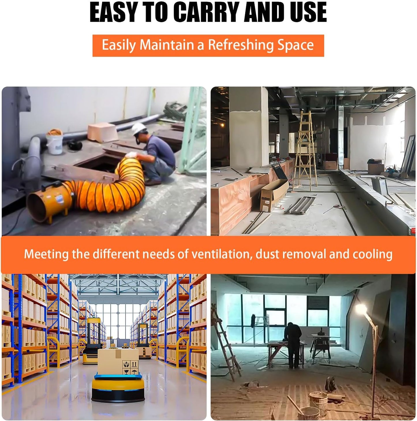 10-Inch High-Velocity Portable Utility Blower Fan, Industrial Exhaust Fan with 16.4ft Flexible Duct Hose, 3150 RPM Low-Noise Ventilator for Basements, Workshops, Warehouses, and Confined Spaces