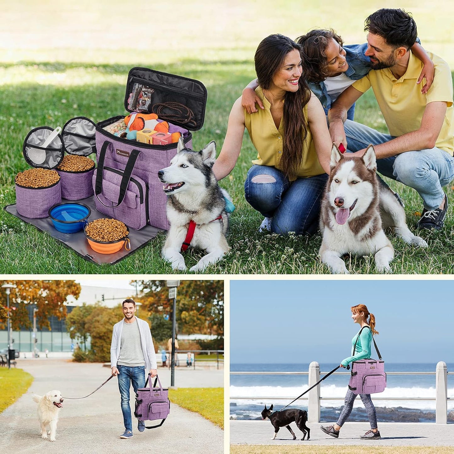 Modoker Dog Travel Organizer Carriers for Supplies & Accessories, Airline Approved Cat Pet Travel Bag, 2 Collapsible Bowls, 2 Travel Dog Food Container, Purple