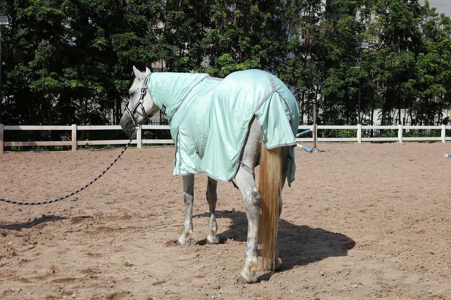 Horse Fly Sheet with Detachable Neck Cover & Belly Wrap, Adjustable Fly Sheet for Horses, Ventilated Airflow Mesh Equine Cooling Summer Flysheet Green 75