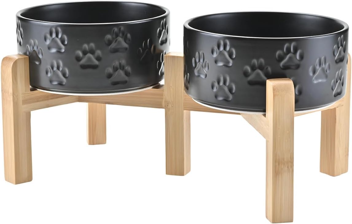 SPUNKYJUNKY Elevated Dog Bowls Ceramic, 6.1'' Dogs and Cat Food Water Bowls Raised with Non-Slip Bamboo Stand for Medium Sized Breed Microwave Dishwasher Safe - 28.7 OZ,Paw Black