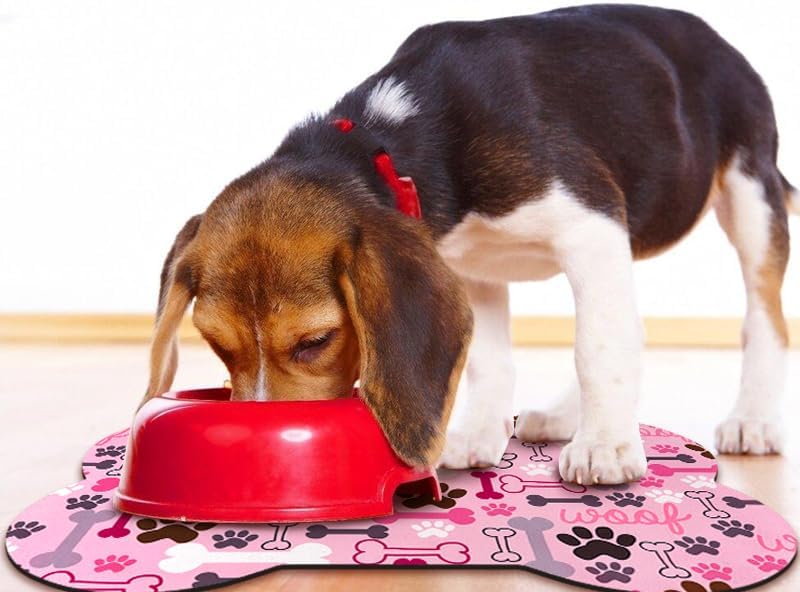 Dog Food Mats for Floors Waterproof, Pet Feeding Absorbent Water Bowl Mat Cat Placemats Pink Bone Shape 25.5 * 17 inch
