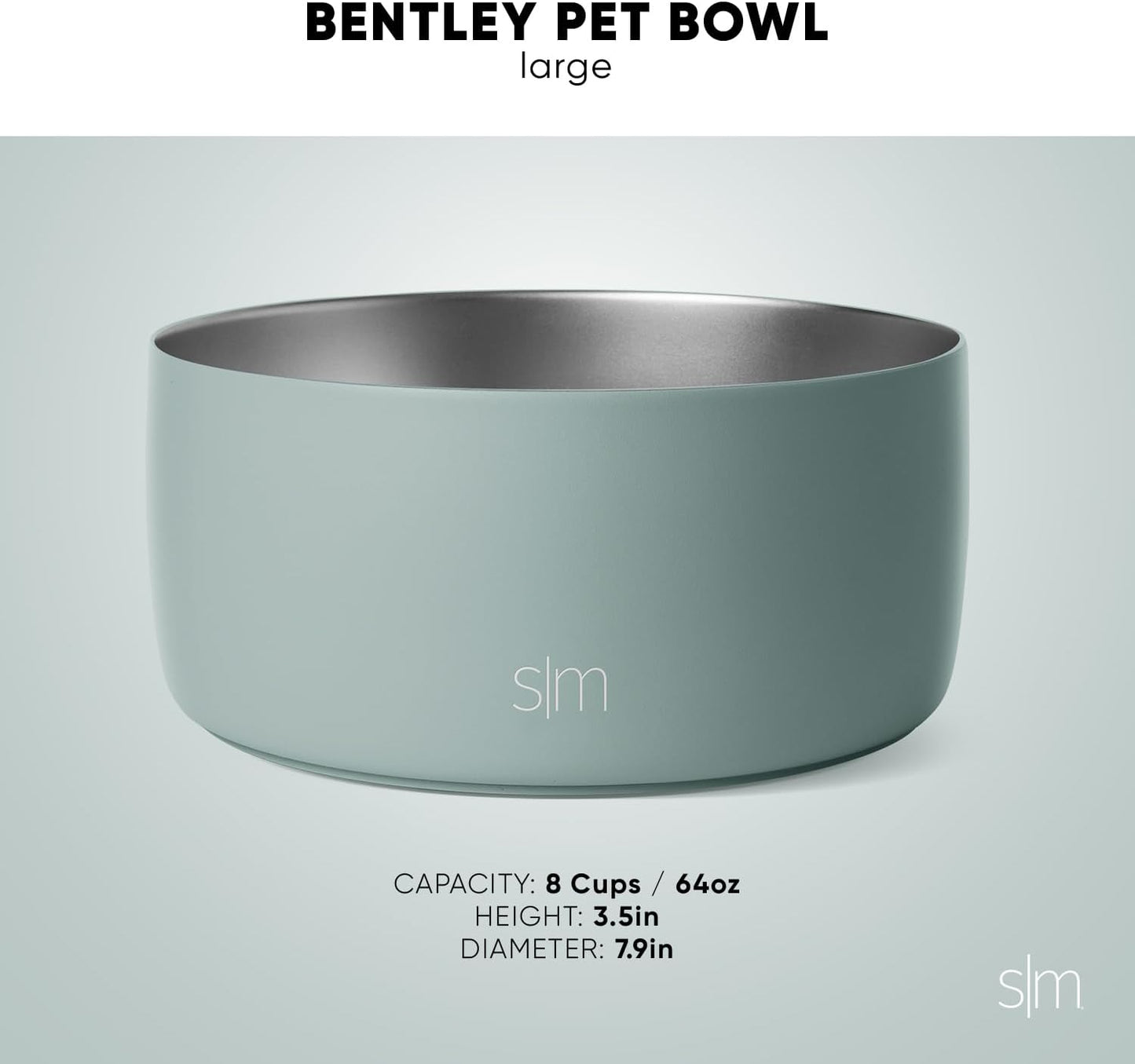 Simple Modern Stainless Steel Pet Water Bowl for Dogs & Cats | Insulated Stainless Steel Food Bowls for Dog Cat | No Tip No Slip BPA Free | Bentley Collection | Large (8 Cups) | Sea Glass Sage