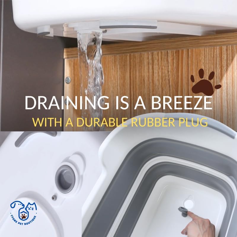 CYGNE Dog Bath Tub with Water Drain Plug, Collapsible Bathtub for Dog Washing and Grooming, Portable Foldable Space Saving Design for Pet Puppy Small Dogs Cats, BPA Free, Gray