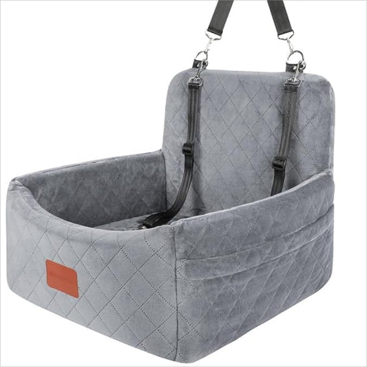 Dog Car Seat for Small Dogs Under 30lbs,Comfy & Safe Travel Bed with Washable Cover,2 Clip-On Safety Leashes and Pockets,Anti-Slip Base,Easy to Install(Grey)