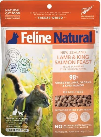Feline Natural High Protein Dry Cat Food, Freeze-Dried Diet with 98% Meat, Organs & Seafood, No Peas, Grains, or Artificial Additives, Made in New Zealand, Lamb & King Salmon, 3.5oz