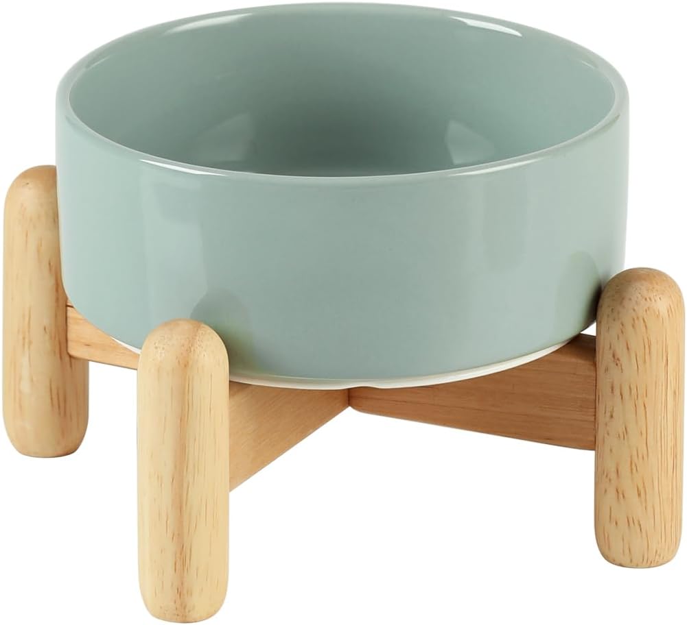 Ceramic 5.1inch Raised Dog and Cat Bowl Set, Elevated with Wooden Stand, Food and Water Bowl for Small Breed Dogs, Cats, Kitty, Weighted Dog Dishes, Pet Bowls(13.5oz, Light Green)