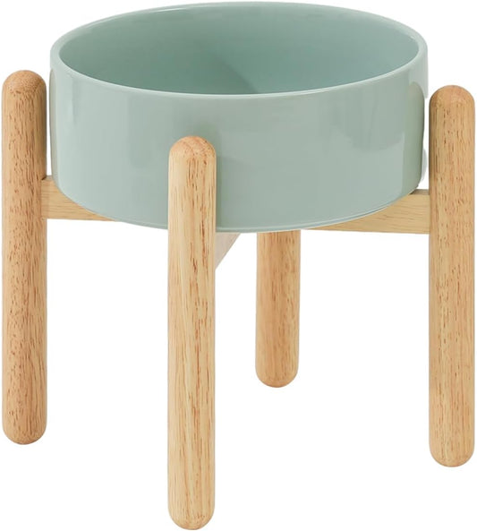 Ceramic 8.2inch Raised Dog Bowl with Stand for Large - Breed Dogs, Pet Food and Water Feeder(Single Bowl with Stand - Light Green)