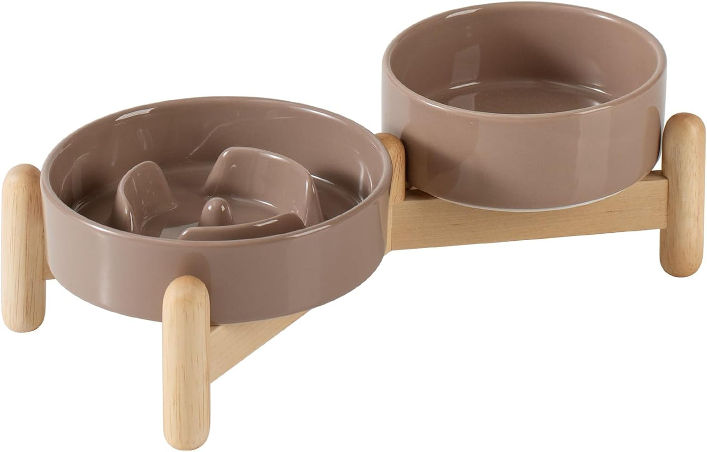 Ceramic Raised Slow Feeder Dog Bowl Set, Elevated 5.1inch Bowl and 6.1inch Puzzle Slow Pet Food Dish with Wooden Stand for Small Dog and Cat, Anti-Gulping (2X Brown Coffee+ Stand)