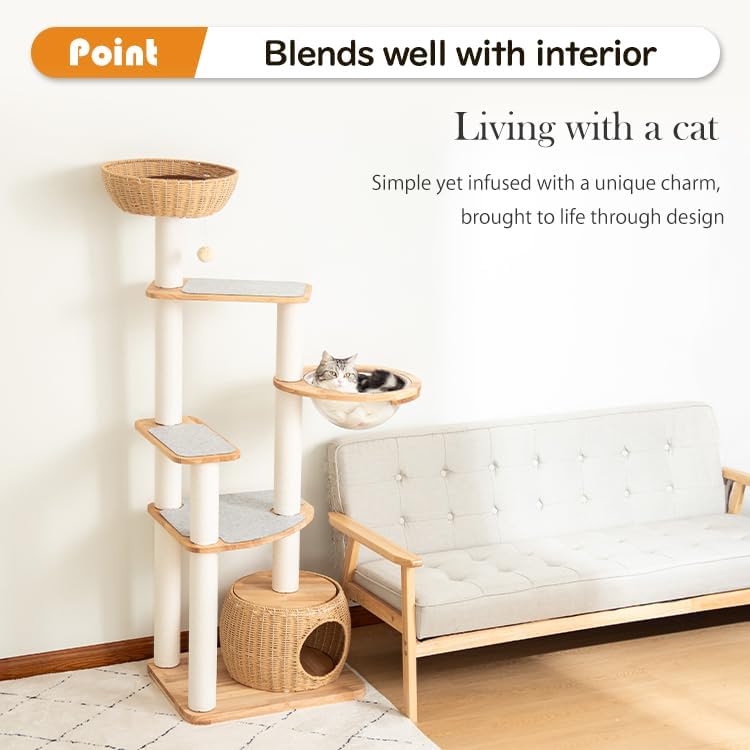 Wooden Cat Tower for Large Cats 63’‘, Modern Multi-Level Condo with Natural Wood, Indoor Cat Furniture for Medium and Big Pets (White 81007s)