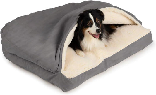 Snoozer Rectangle Cozy Cave Dog Bed - Indoor Dog Bed with Cover Cave, Covered Calming Burrow for Large Sized Pets with Blanket Attached, Enclosed, Washable - XL, Heather Gray
