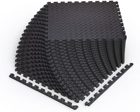 Norsk Foam Floor Gym Mats with Interlocking Tiles, .47" Thick, 24"x24", 24-Pack, 96 Square Feet, Diamond Plate Design, Black