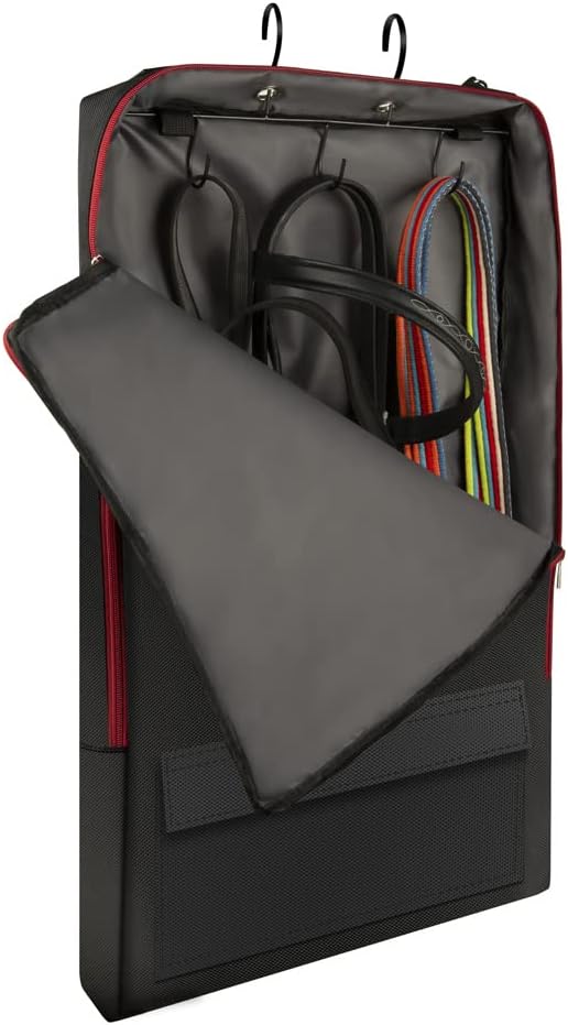 Horse Tack Carry Bag, Horse Harness Bag for Halters, Bridle, Equestrian Reins, Bits and Headstalls, Miniature Horse Harness with 3 Prong Tack Rack (Black)