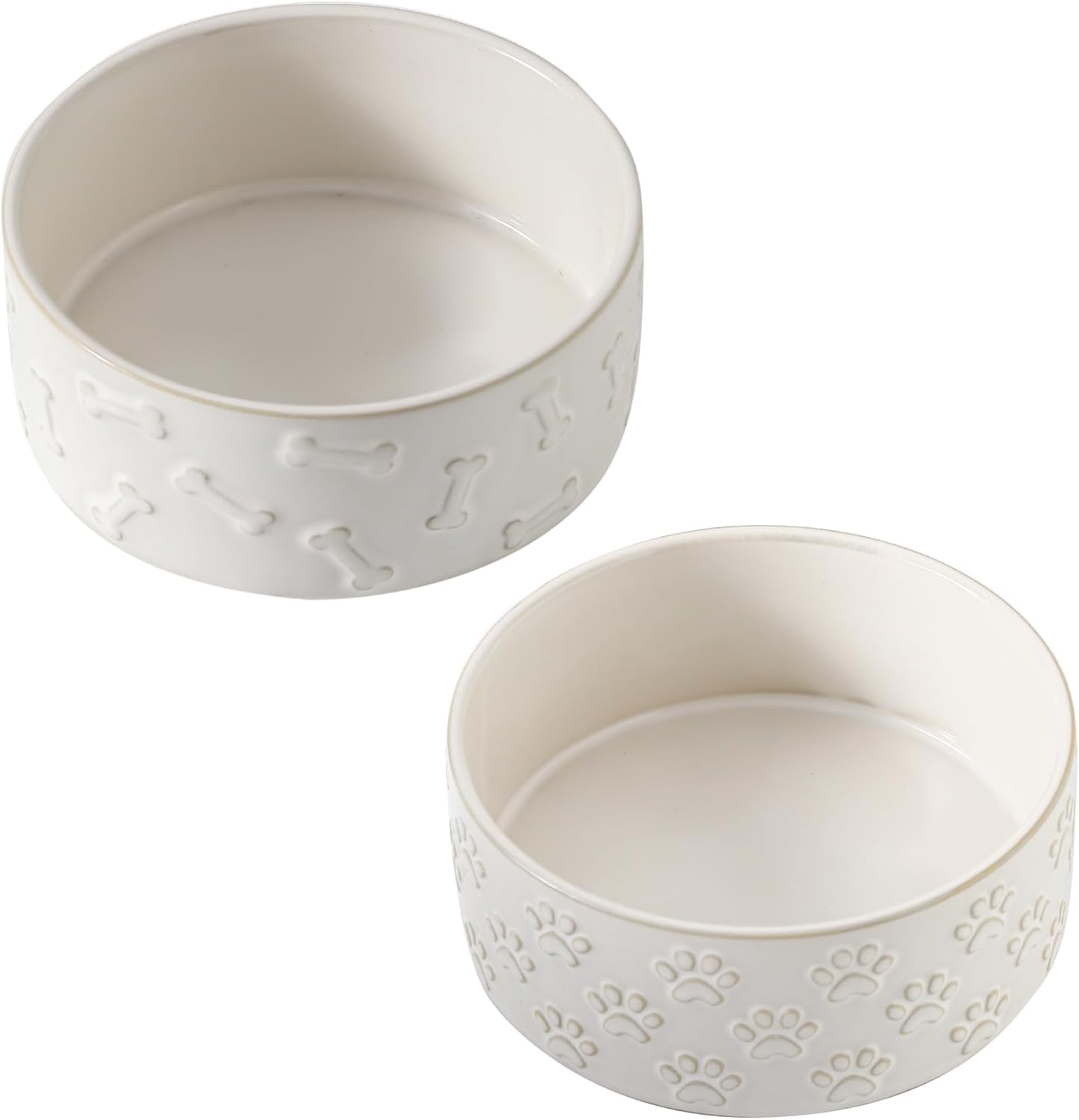 UBEE Ceramic Dog Bowl Set of 2, 5.1 inch Dog Food Bowl Dish with Bone or Paw Pattern, Pet Food Water Dish Feeding for Small Dogs and Large Cat, White