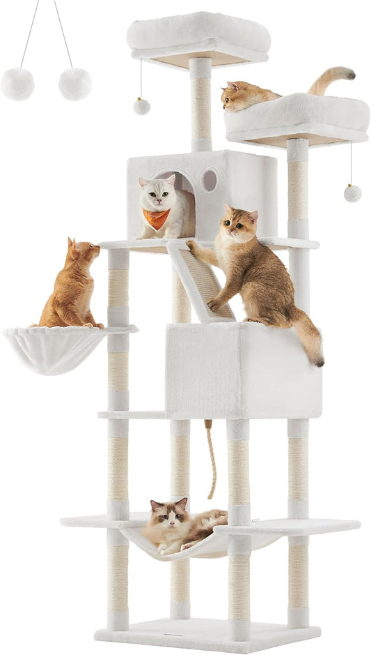 Feandrea Cat Tree, 81.1-Inch Large Cat Tower with 13 Scratching Posts, 2 Perches, 2 Caves, Basket, Hammock, Pompoms, Multi-Level Plush Cat Condo for Indoor Cats, Cream White UPCT190T01