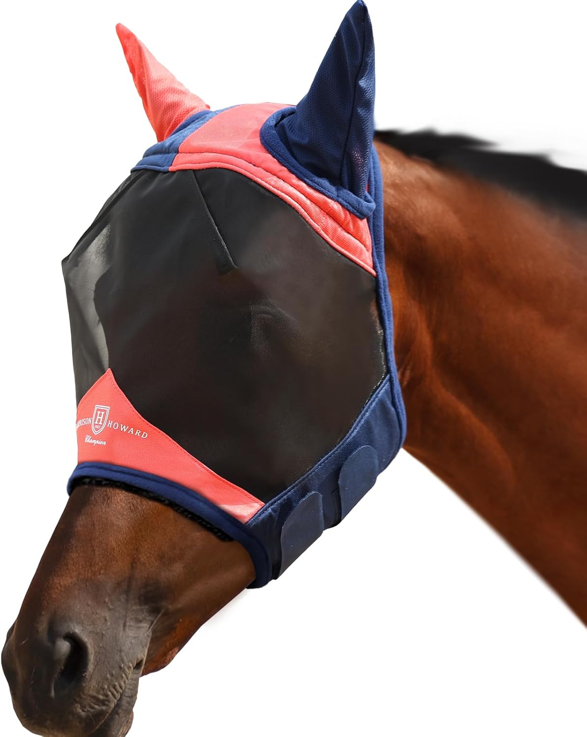Harrison Howard Pro Luminous Horse Fly Mask Large Eye Space Half Face with Ears UV Protection for Horse Coral Orange/Navy L