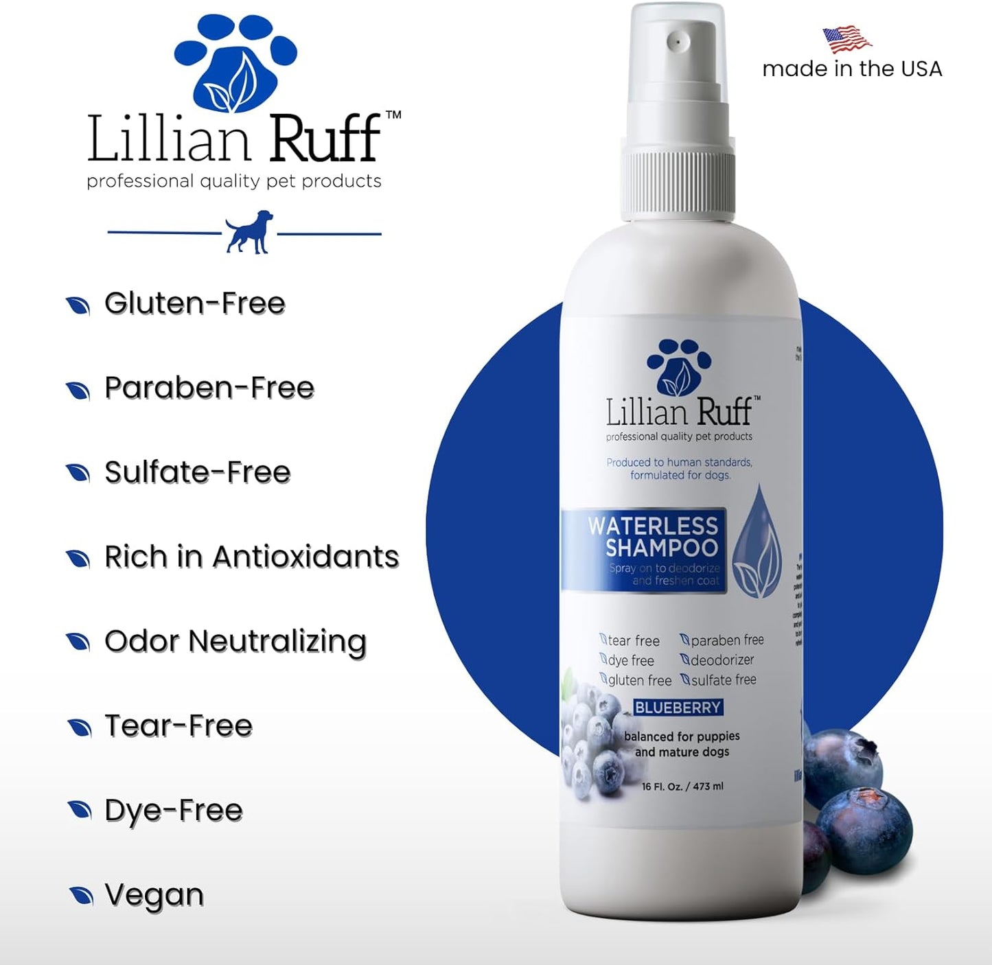 Lillian Ruff Waterless No-Rinse Dog Dry Shampoo Spray with Hydrating Essential Oils - pH-Balanced Dry Shampoo for Dogs - Clean, Condition, Detangle & Deodorize Dry, Sensitive Skin (Blueberry)
