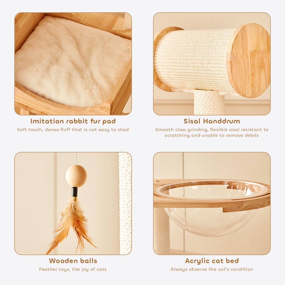 Wood Cat Tree for Indoor Cats, Modern Cat Tower, Unique Cat Condo with House, Tall Luxury Furniture with Heavy Duty Wide Base, Kraft Paper Rope Scratching Post, Removable Cushion (74.8-inch)