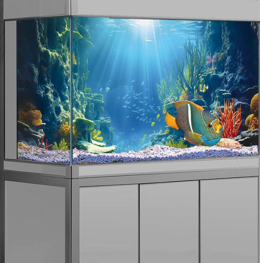 72X24IN Blue Sea Floor Aquarium Background, Natural Underwater World 3D Effect Fish Tank Decorations Background, Art Terrarium Background with 8 EVA Double-Sided Tape