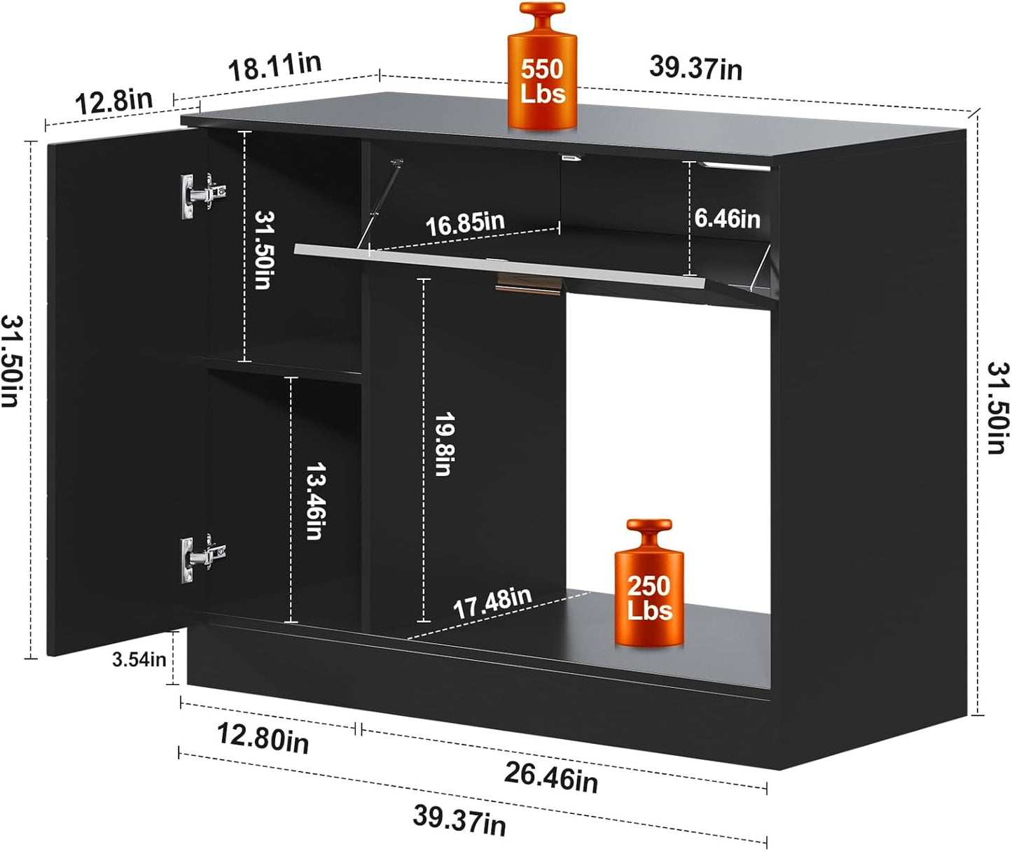 Heavy-Duty 40 Gallon Aquarium Stand, Modern Dual Tank Cabinet with Hidden Cord Organizer & 550lbs Capacity, 30-50 Gallon Fish Tank Stand, Waterproof and Adjustable Shelf, Black