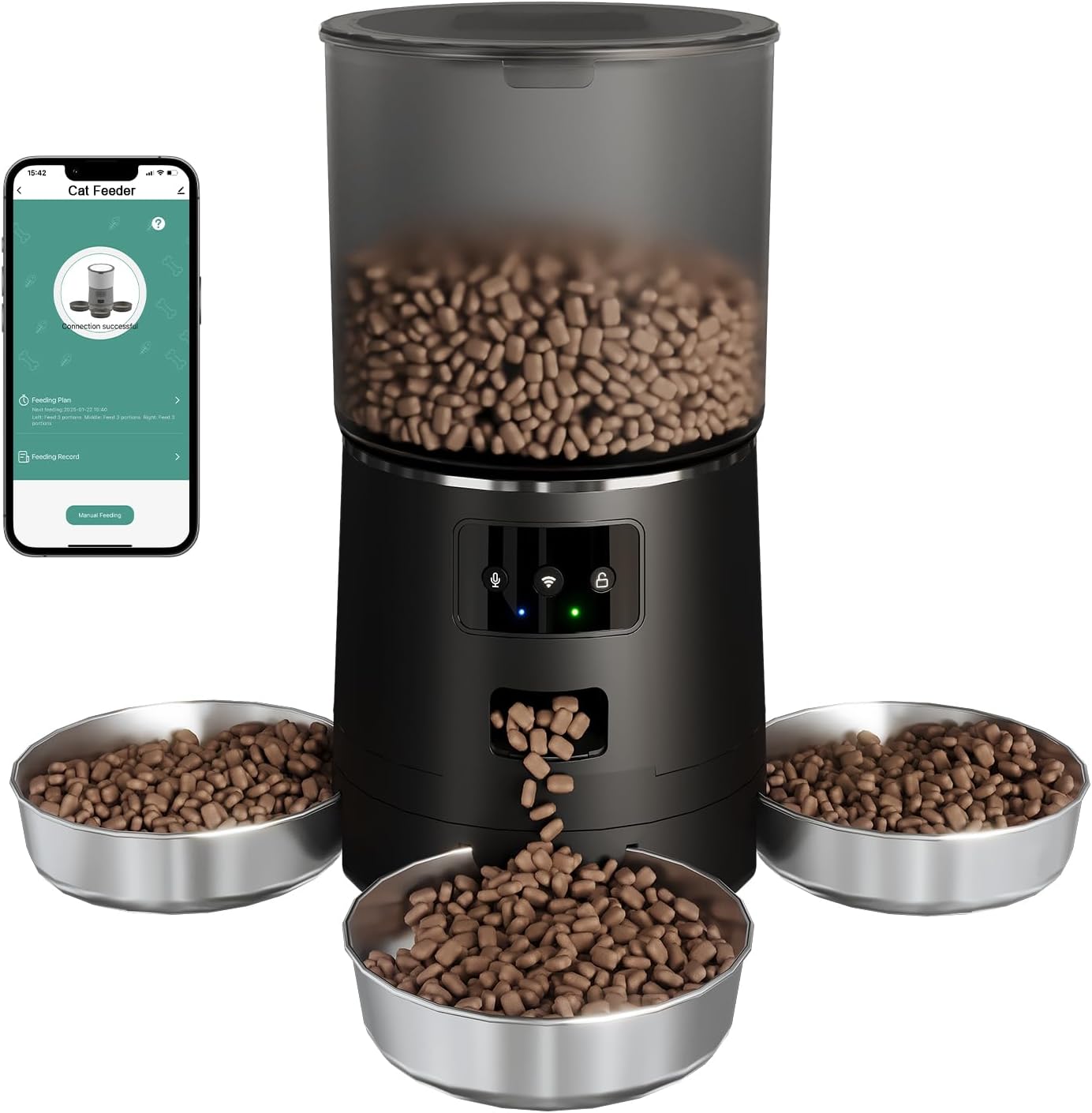 3-Cat Automatic Pet Feeder, 6L WiFi Cat Food Dispenser with APP Control, 1-10 Meal Programmable, Voice Recorder, Smart Alerts, Stainless Steel Bowls for Cats and Small Dogs (Black)