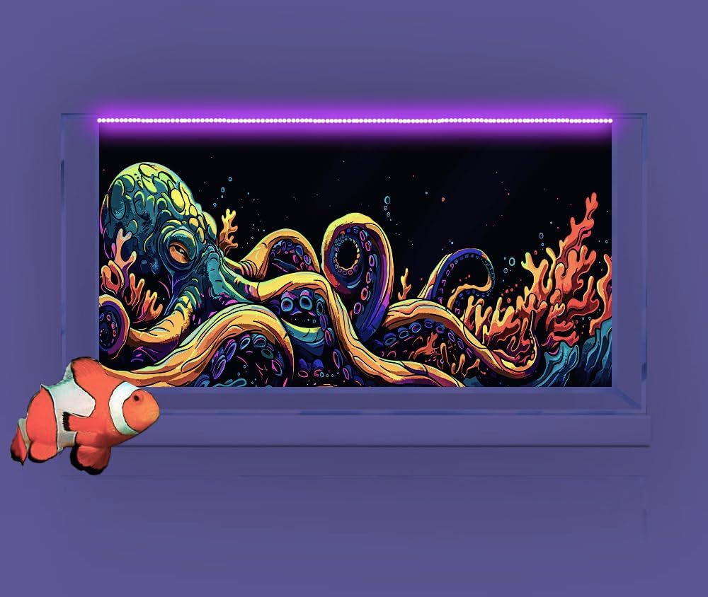 36X24IN Blacklight Octopus Sea Monster HD 3D Black Light Aquarium Background UV Reactive Background Terrarium Background with 10 EVA Double-Sided Tape
