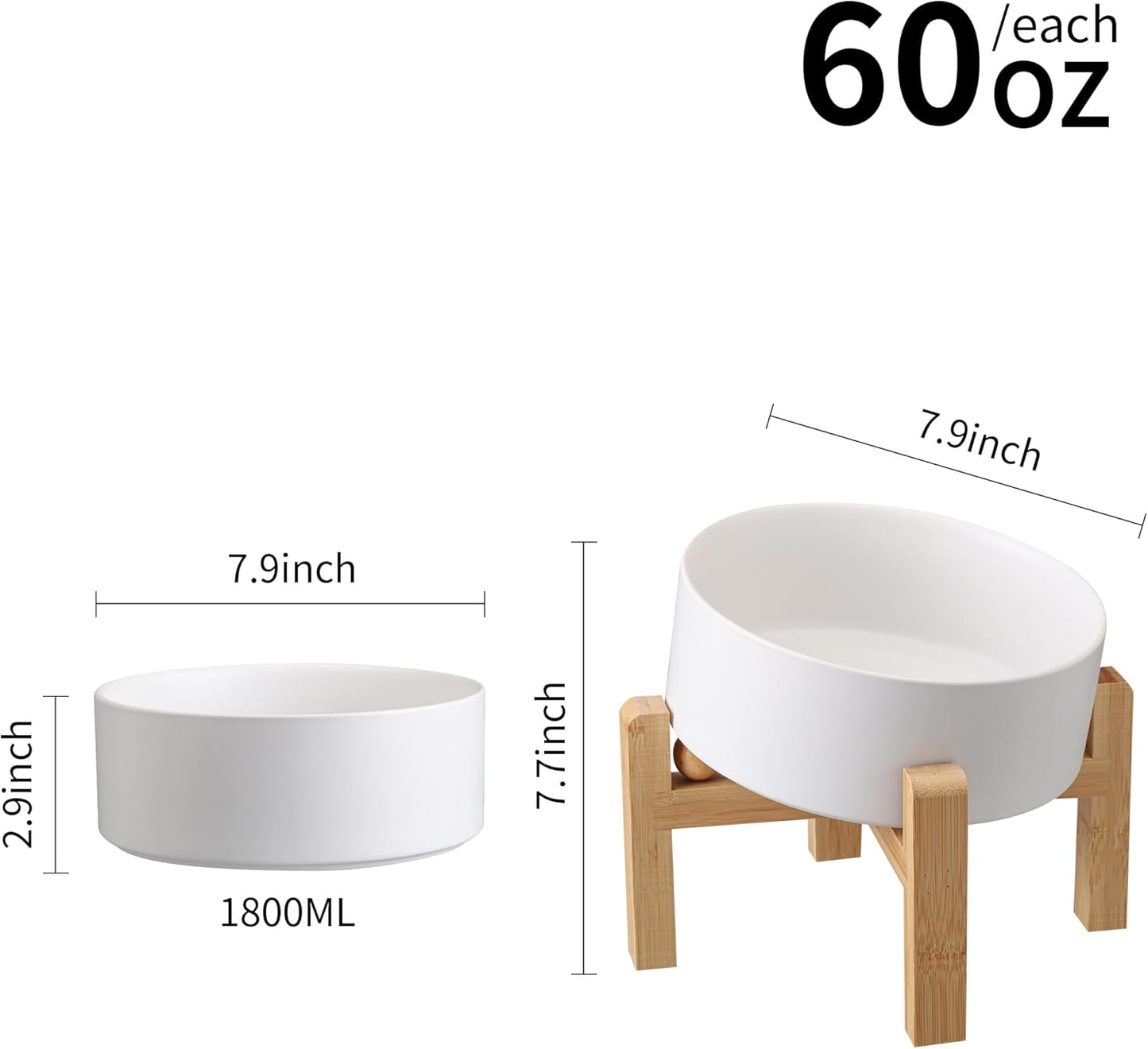 White Elevated/Raised 15°Tilted Anti Slip Ceramic Dog Bowl for Medium & Large Breeds,Slanted Bulldog Big Face Pet Food Water Feeding Dish with Stand (7.6 Cups/60OZ)