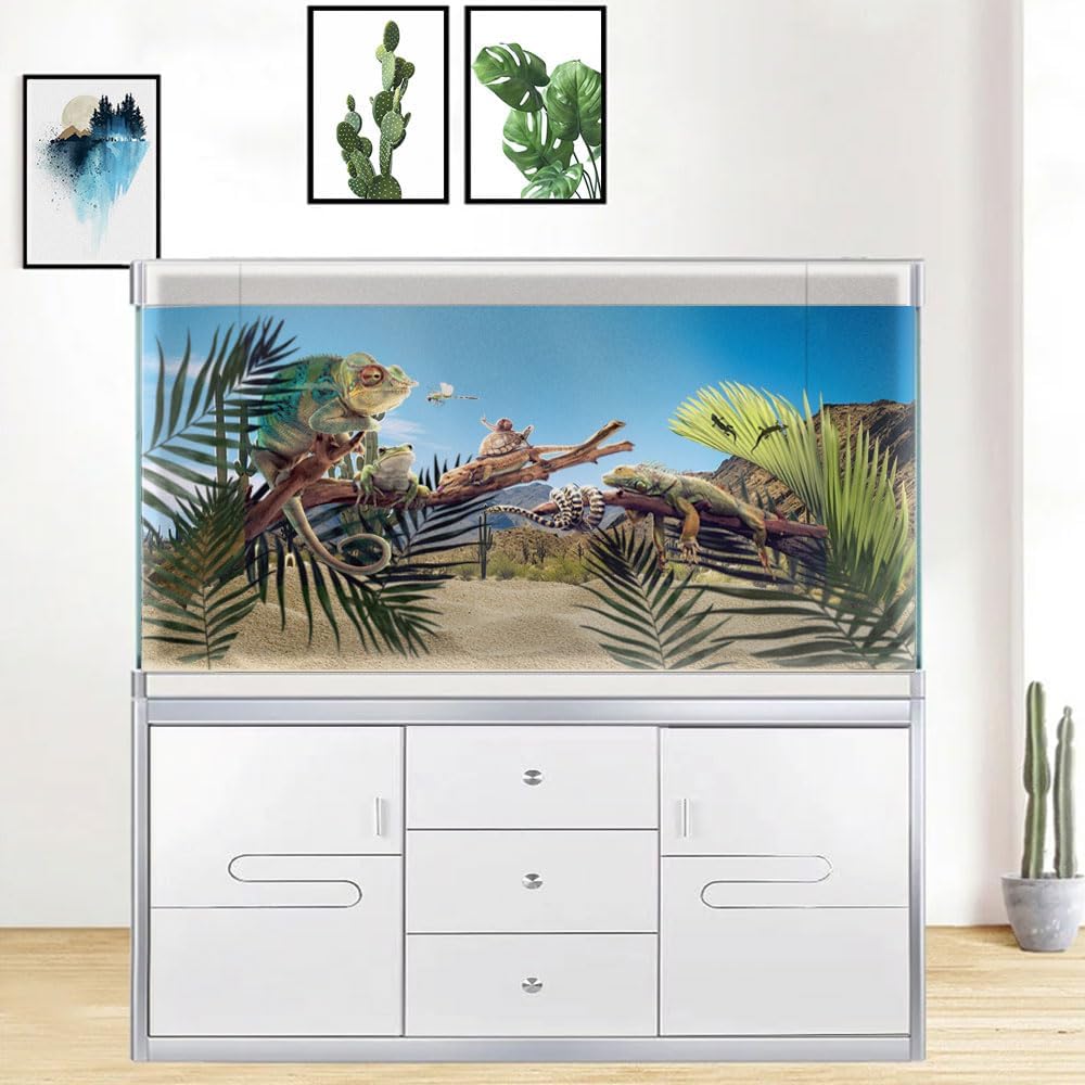 Reptile Habitat Background, Retro Desert Oasis Cactus Terrarium Background 36X18 in Background with 8 EVA Double-Sided Tape