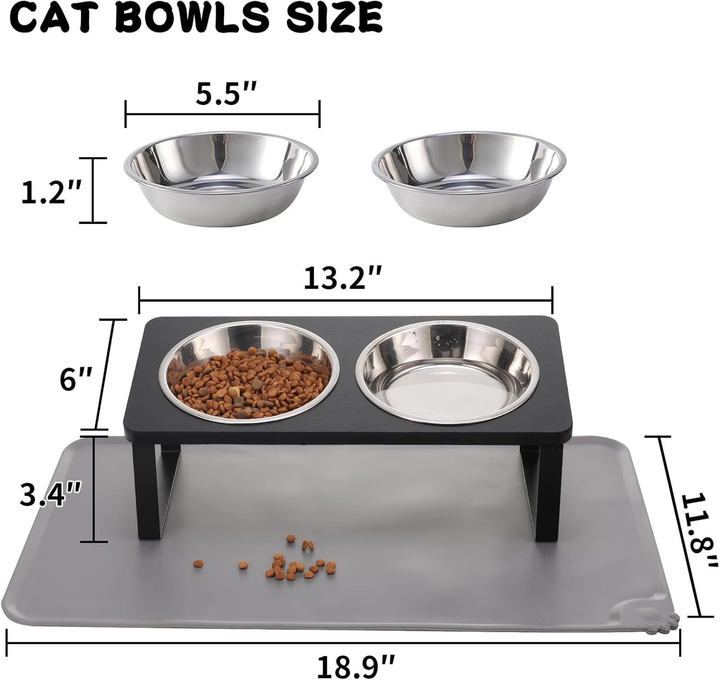 Upgraded Elevated Cat Bowls with Food Mat,15°Tilted Stand Anti Vomiting Raised Cat Dishes for Food and Water,2 Stainless Steel Bowls for Cats and Puppy（Black）