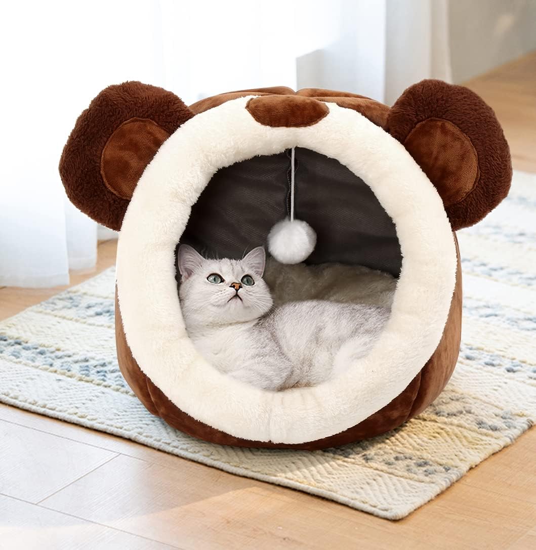 Cat Beds for Indoor Cats - Cat Bed Cave with Removable Washable Cushioned Pillow, Soft Plush Premium Cotton No Deformation Pet Bed, Roomy Bear Cat House Design, Multiple Sizes-L