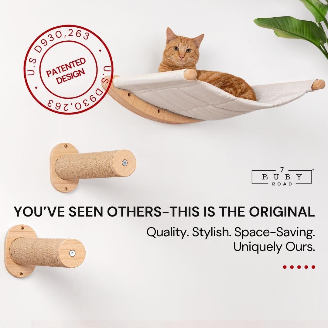 7 Ruby Road Cat Hammock Wall Mounted Shelf with Two Steps Set - Wall Shelves and Perches for Sleeping, Playing, Climbing and Lounging - Modern Cat Bed & Furniture for Indoor and Large Cats or Kitty