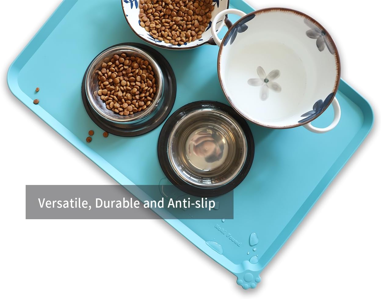 Hoki Found Large Silicone Pet Food Mats - Non Slip Bowl Placemats - Waterproof Dog Cat Food Mats For Floors - Glacier