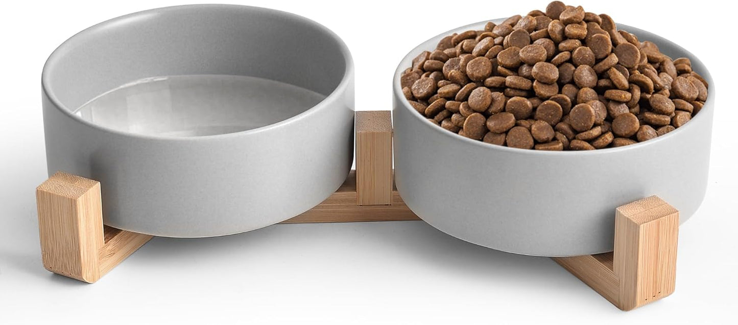 Grey Ceramic Dog & Cat Bowl Set – 13.5 OZ with Wooden Stand, Non-Slip, Elevated Design for Small Dogs & Cats – 2 Bowls (Food & Water, Ceramic Pet Bowls, Modern Dog Bowls)