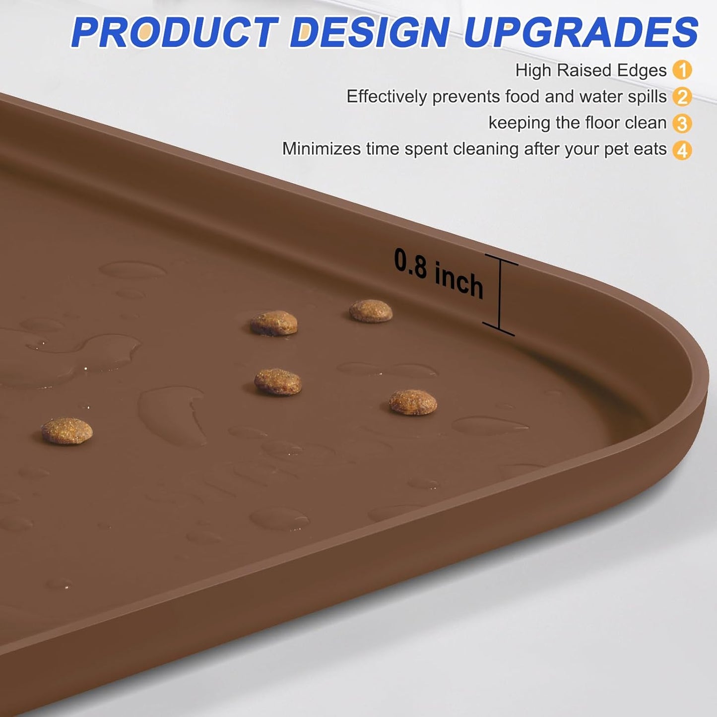 Silicone Pet Feeding Mat with Raised Edge for Food and Water, Dog Bowl Mats, Cat Bowls Placemat with High Lip for Floor Waterproof, Rubber Tray for Cats and Dogs 24 x 16 x0.8 Brown